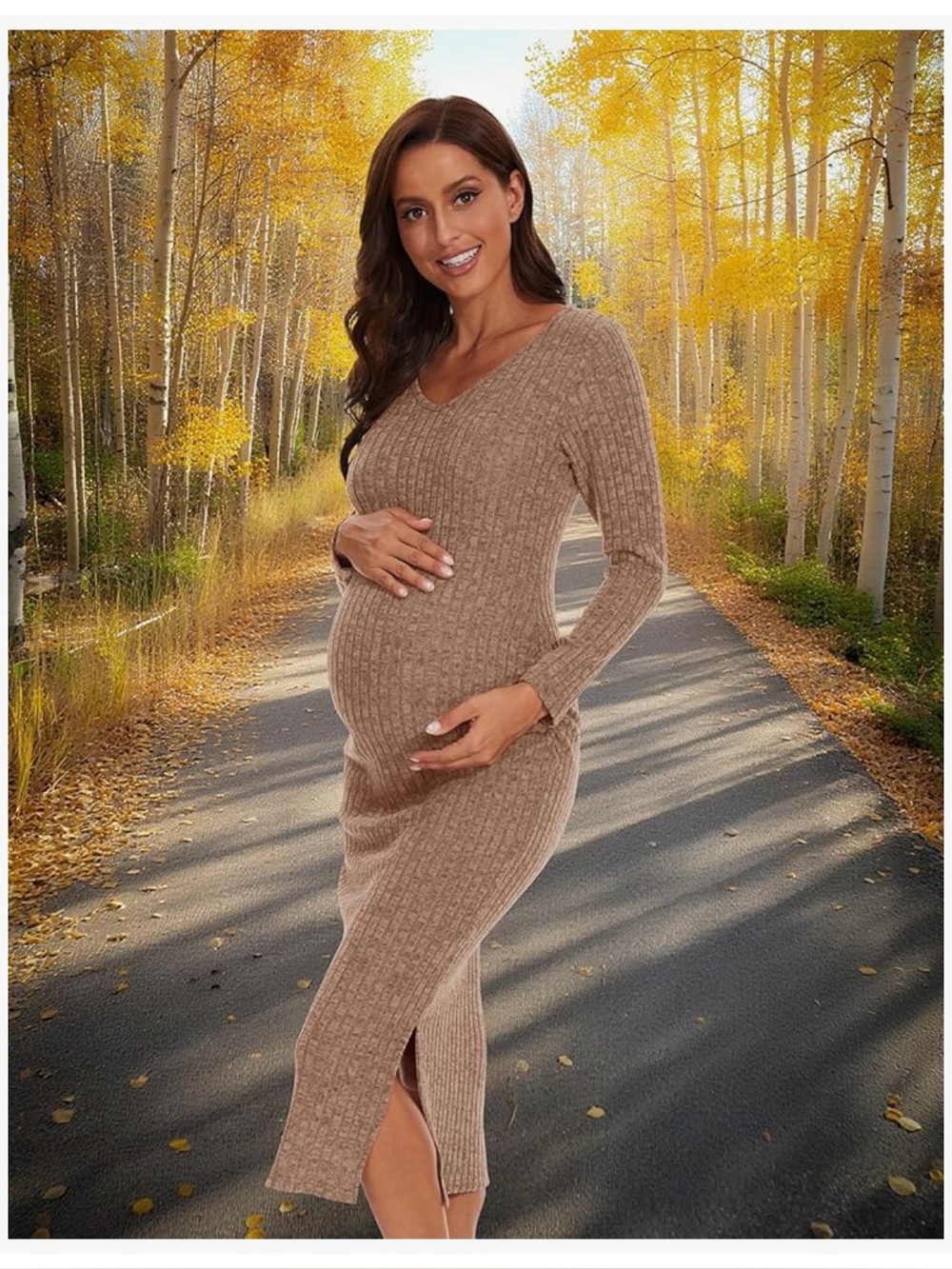Ribbed Long Sleeve Knit Maxi Dress - Brown